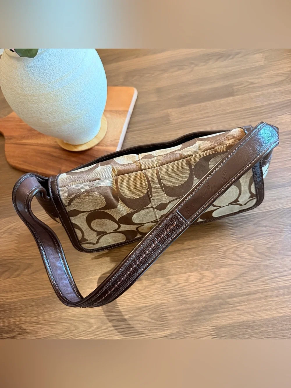Coach Brown Signature Canvas Shoulder Bag with Gold-Tone Turnlock